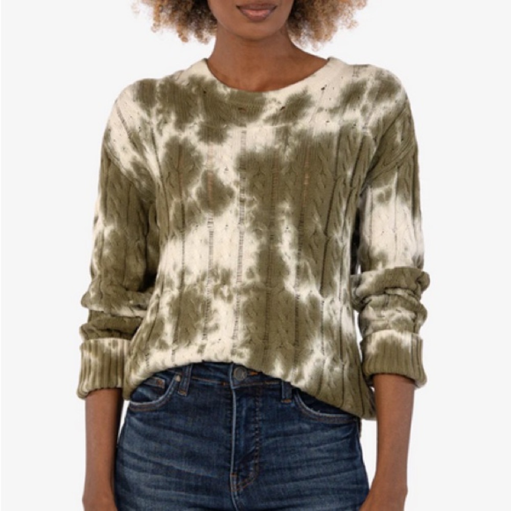 New - Kut from the Kloth Celia Tie-Dye Cable Knit Sweater – Olive/White – Small